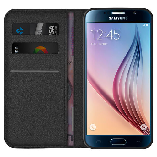 Leather Wallet Case & Card Holder Pouch for Samsung Galaxy S6 - Black